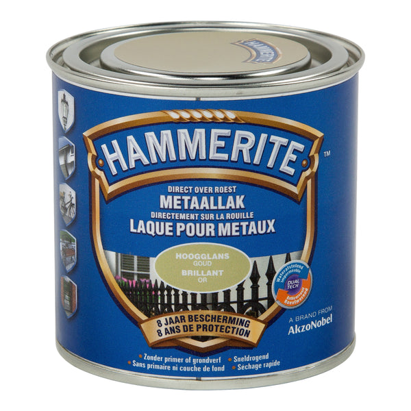 Hammerite Direct to Rust paint for metal High Gloss 0.25L Gold